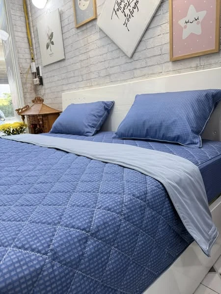 Bộ chăn ga gối cotton Hàn Quốc kẻ ô xanh