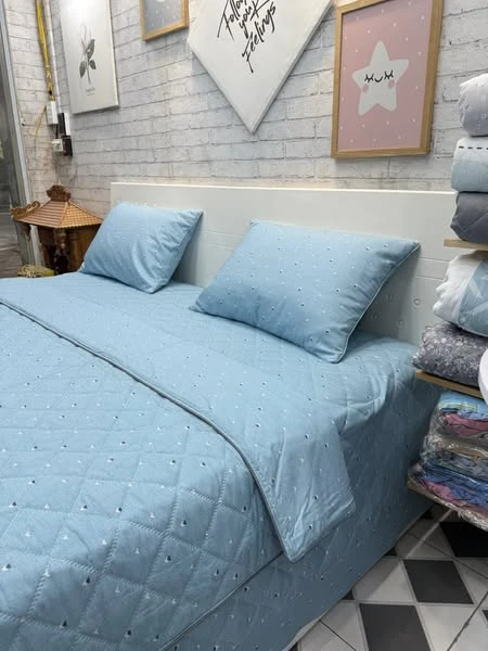 Bộ chăn ga gối phủ Lụa Modal Hàn Quốc họa tiết xanh