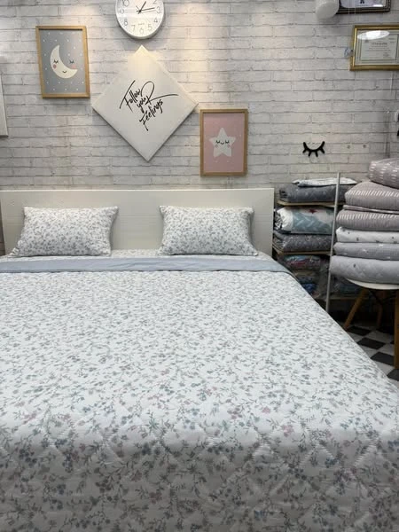 Bộ chăn ga gối Lụa Modal Hàn Quốc hoa nhí phối xanh