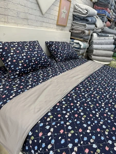 Bộ chăn ga gối cotton Hàn Quốc họa tiết nền tím than