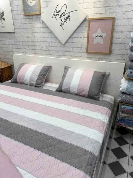 Bộ chăn ga gối cotton Hàn Quốc kẻ hồng ghi xám