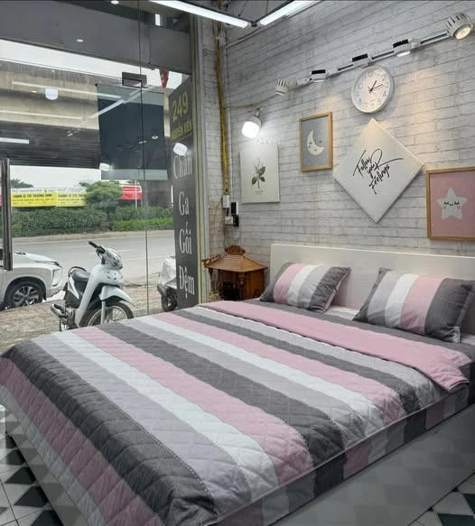 Bộ chăn ga gối cotton Hàn Quốc kẻ hồng ghi xám