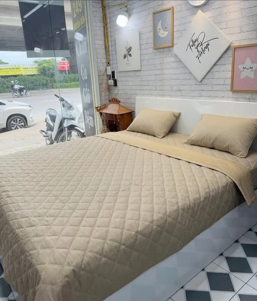 Bộ chăn ga gối cotton Hàn Quốc màu vàng cát sang và trầm, đẹp nha mọi người ơi.