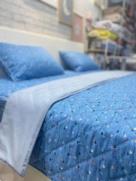 Bộ chăn ga gối cotton Hàn Quốc họa tiết Cute nền xanh xjnh lắm ạ