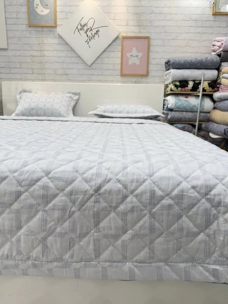 Bộ chăn ga gối cotton Hàn Quốc Caro ghi tím nền ghi sáng xjnh lắm ạ