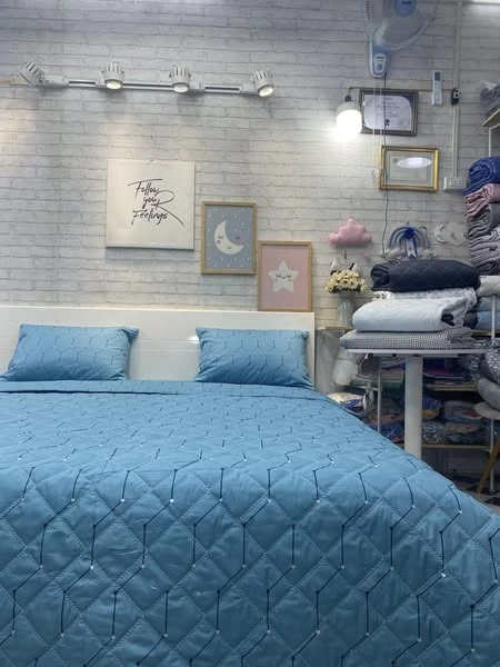 Bộ chăn ga gối cotton Hàn Quốc kẻ xanh lục giác