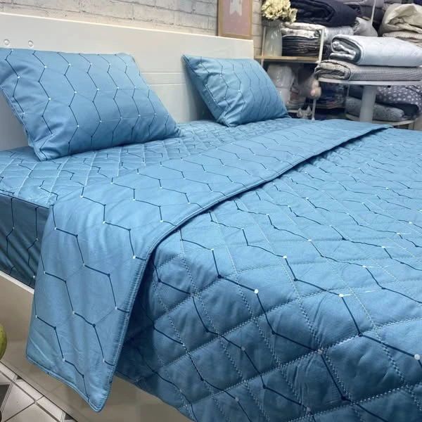 Bộ chăn ga gối cotton Hàn Quốc kẻ xanh lục giác