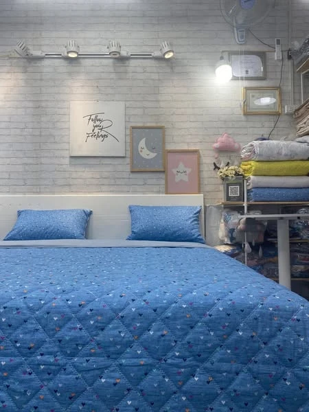 Bộ chăn ga gối cotton Hàn Quốc họa tiết Cute nền xanh xjnh lắm ạ