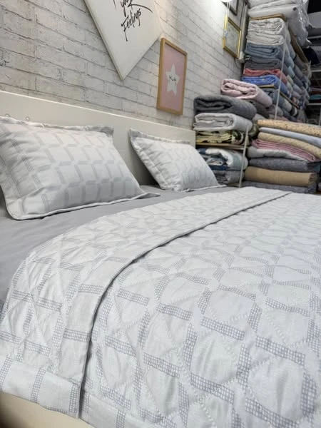 Bộ chăn ga gối cotton Hàn Quốc Caro ghi tím nền ghi sáng xjnh lắm ạ