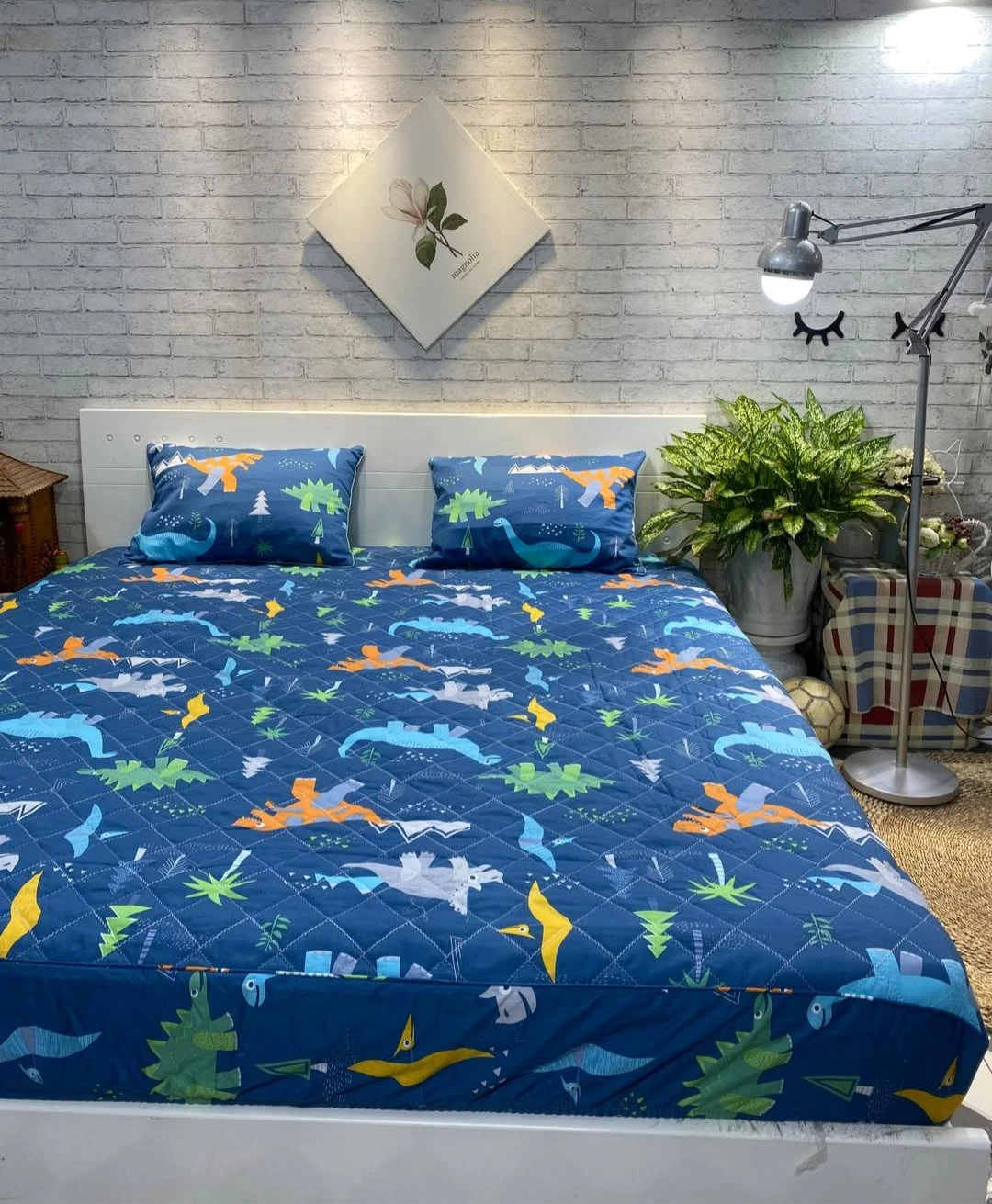 Bộ chăn ga gối cotton Hàn Quốc khủng long xanh