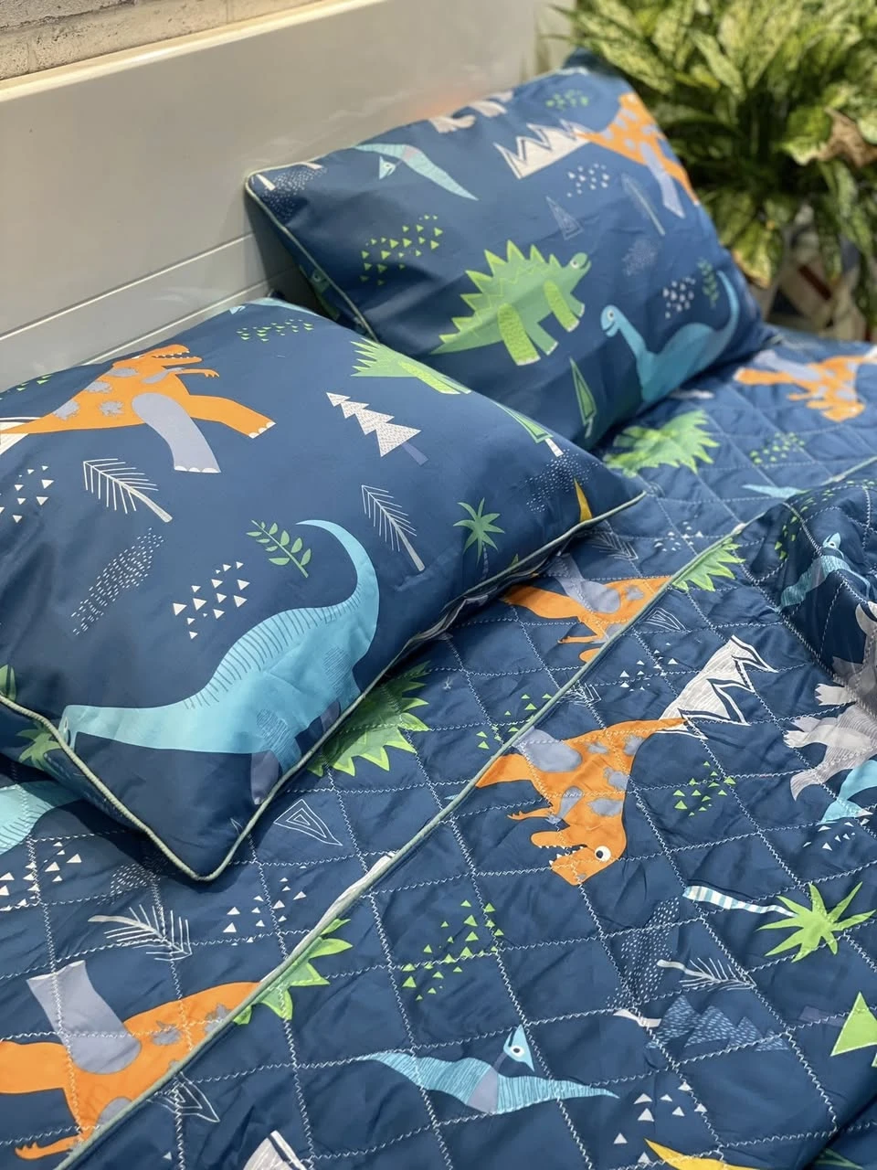Bộ chăn ga gối cotton Hàn Quốc khủng long xanh