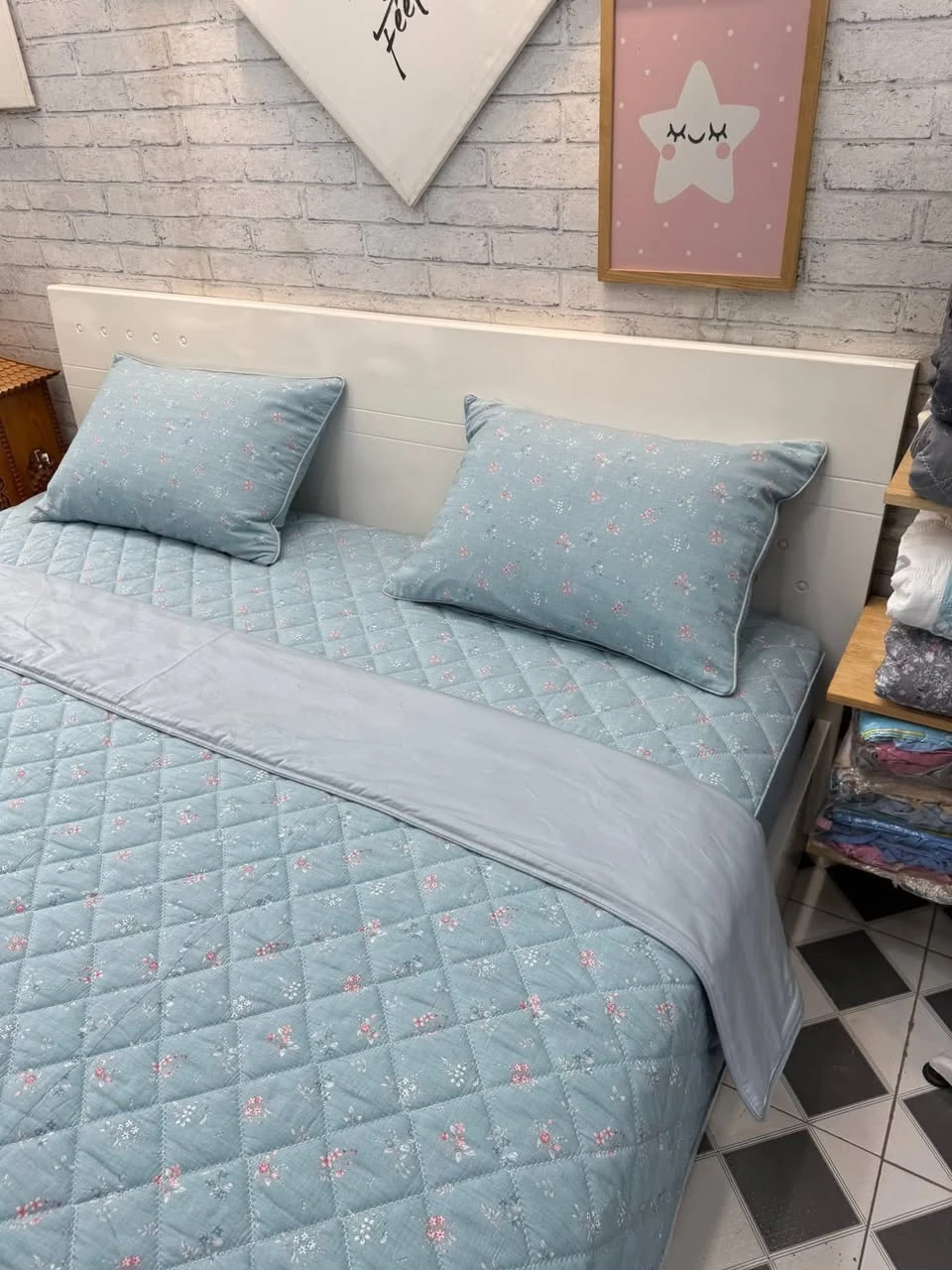 Bộ chăn ga gối Lụa Modal Hàn Quốc hoa nền xanh