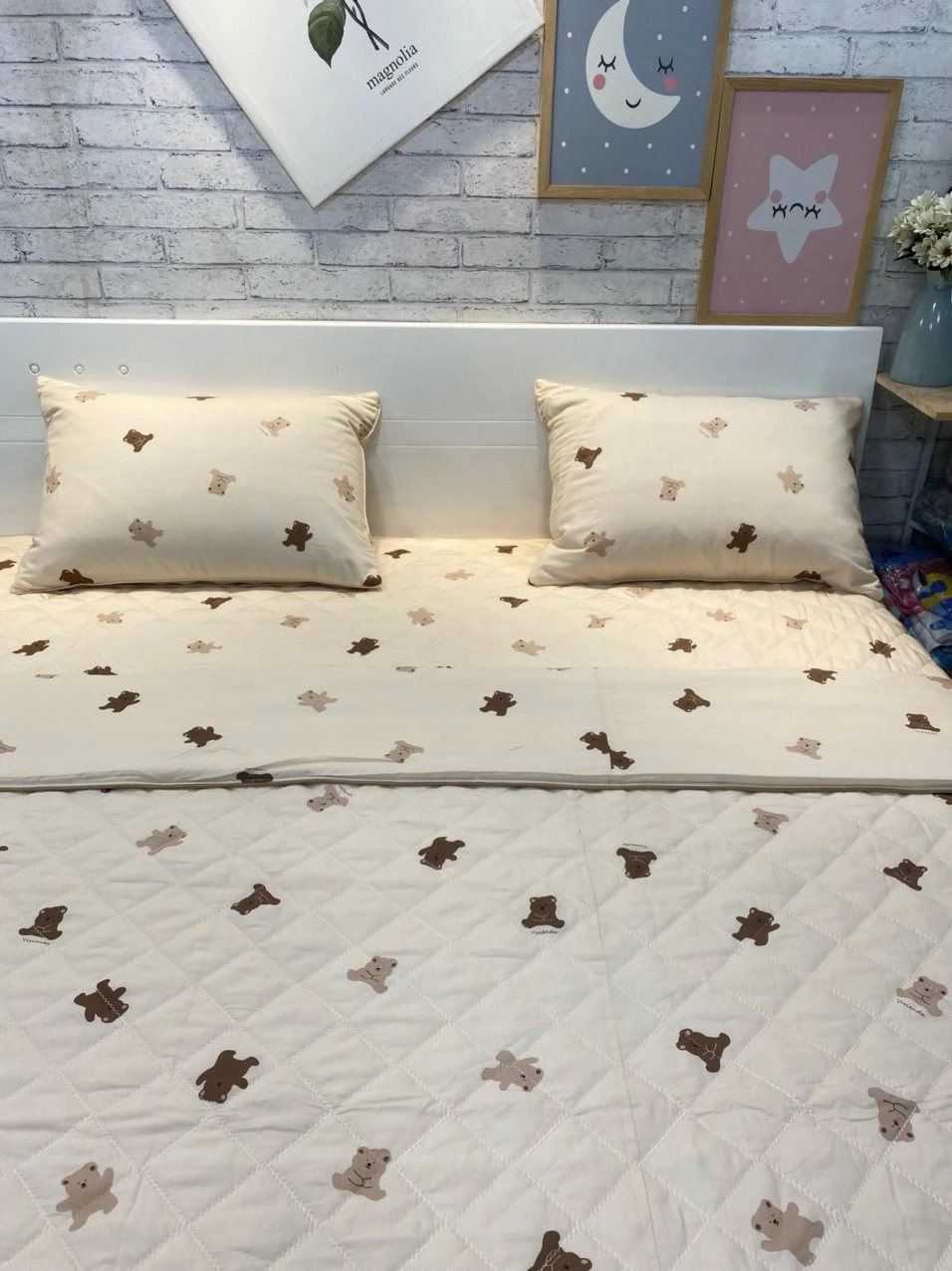 Bộ chăn ga gối phủ Lụa Modal Hàn Quốc gấu xinh