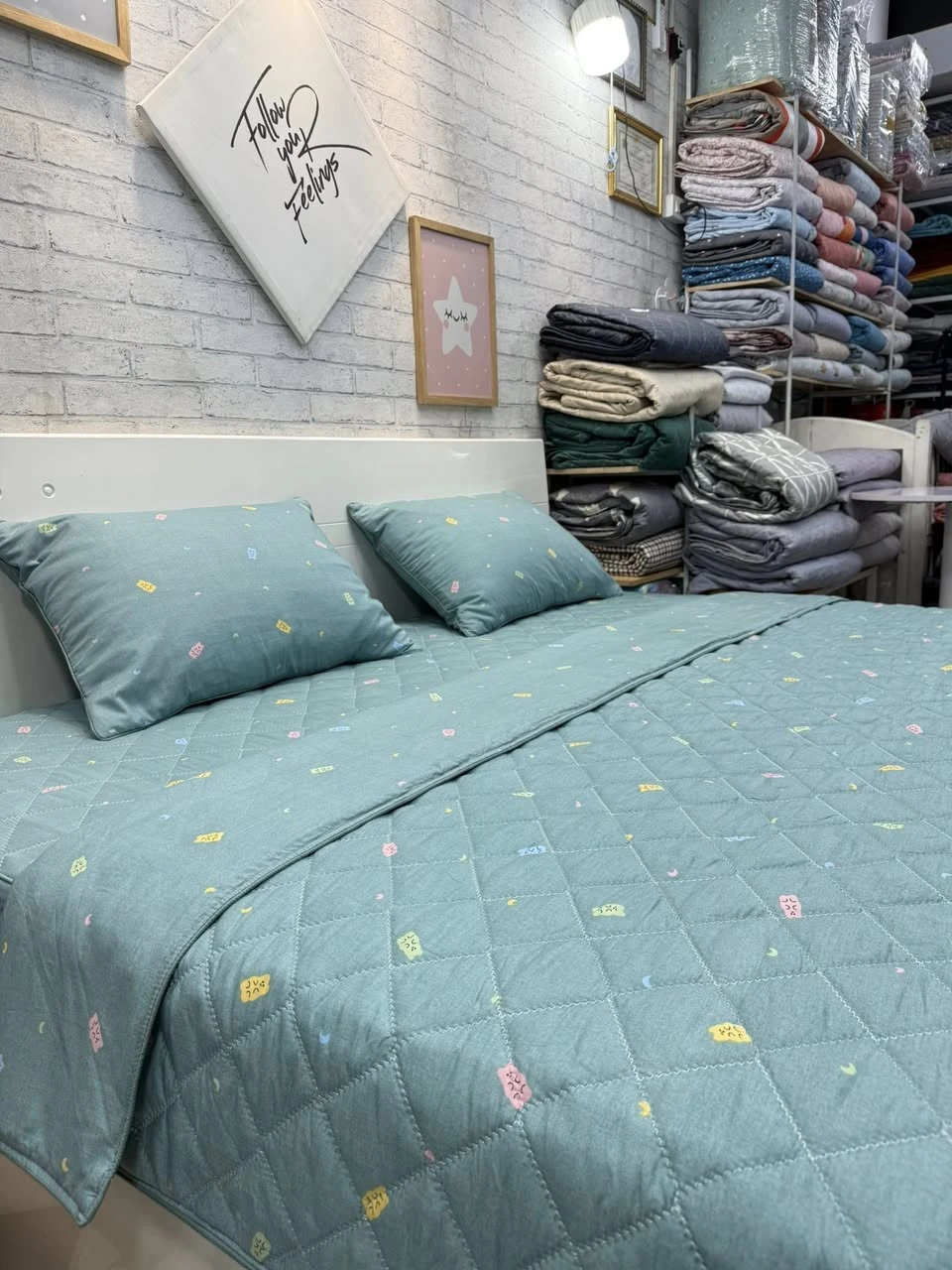 Bộ chăn ga gối Lụa Modal Hàn Quốc xanh rêu baby