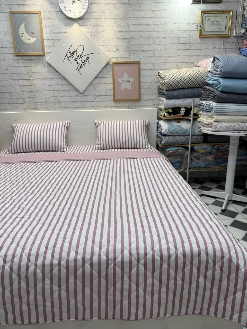 Bộ chăn ga gối Lụa Modal Hàn Quốc kẻ hồng