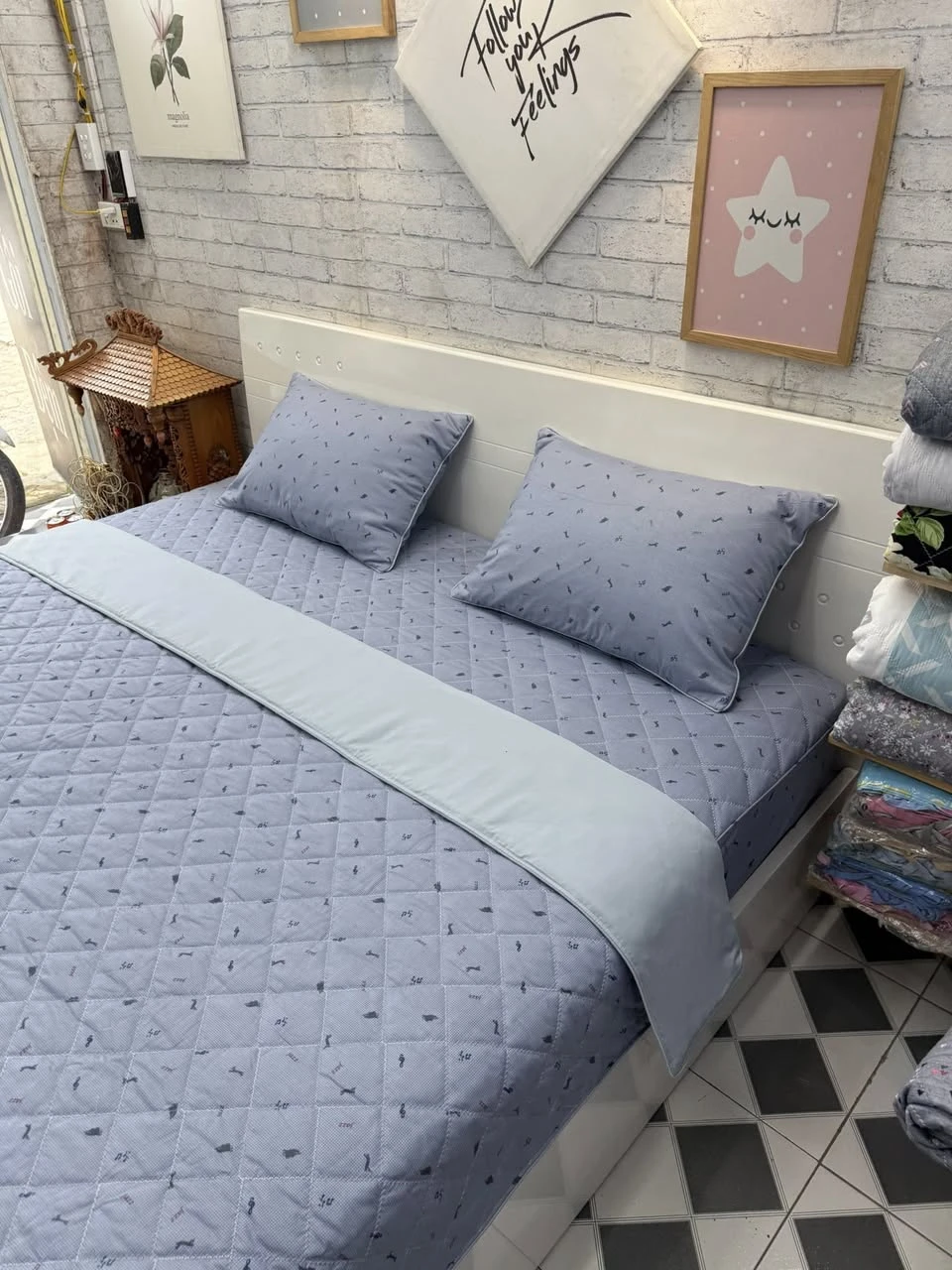 Bộ chăn ga gối cotton Hàn Quốc nốt nhạc 🎶 nền xanh tím xjnh lắm