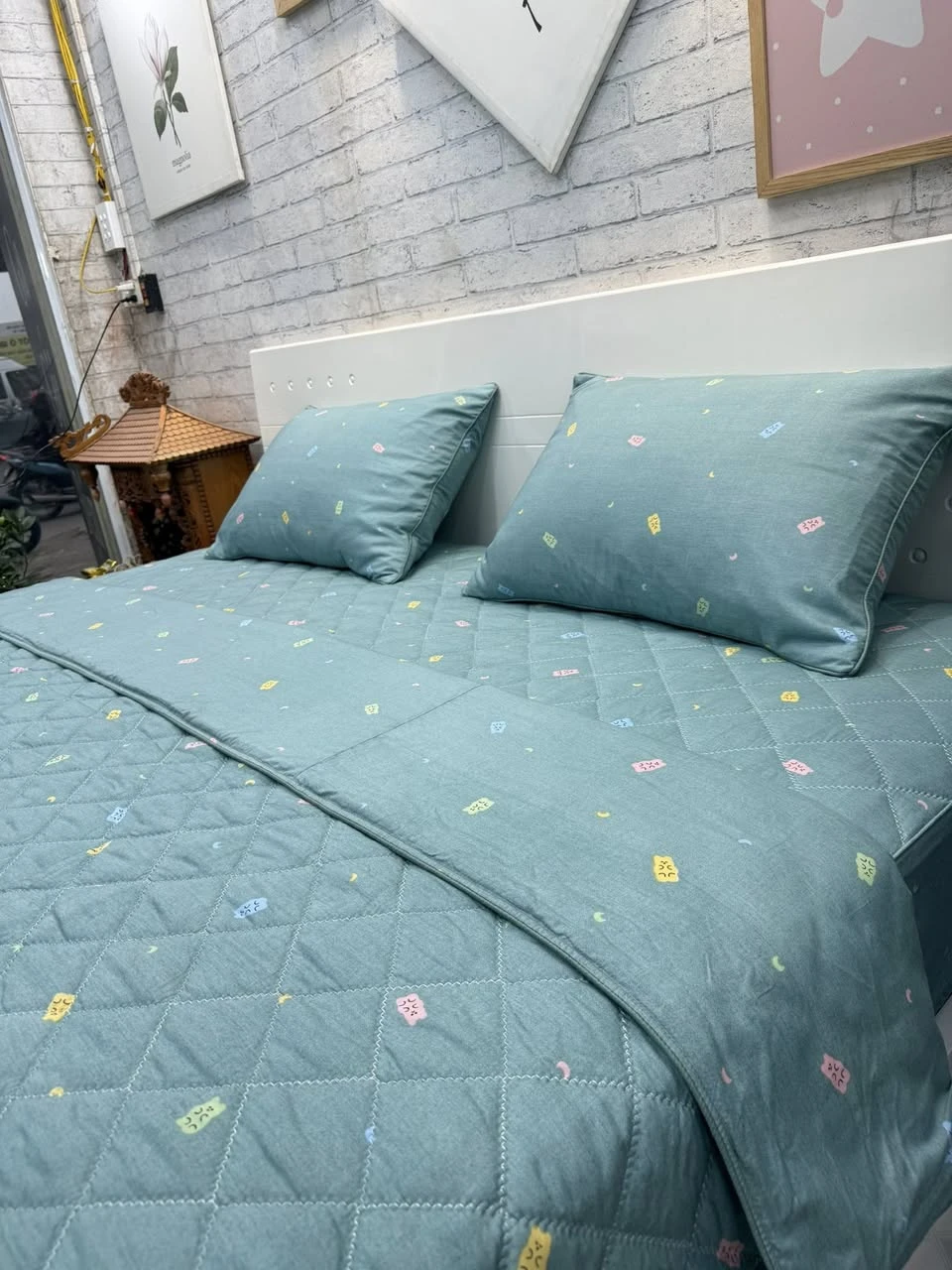 Bộ chăn ga gối Lụa Modal Hàn Quốc xanh rêu baby