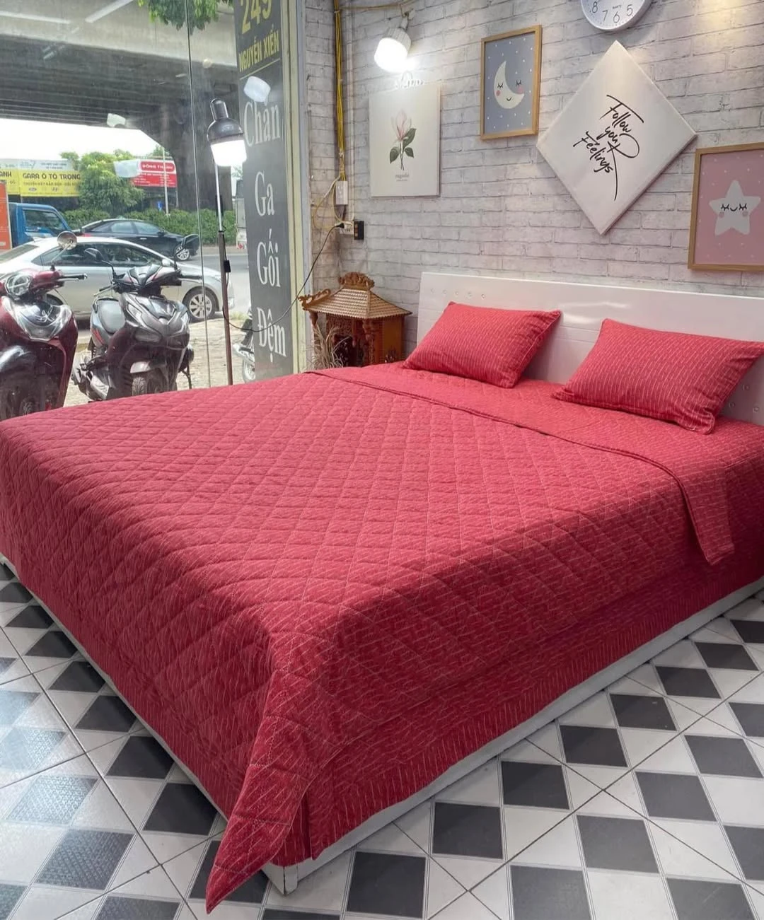 Bộ chăn ga gối Lụa Modal Hàn Quốc kẻ xước đỏ