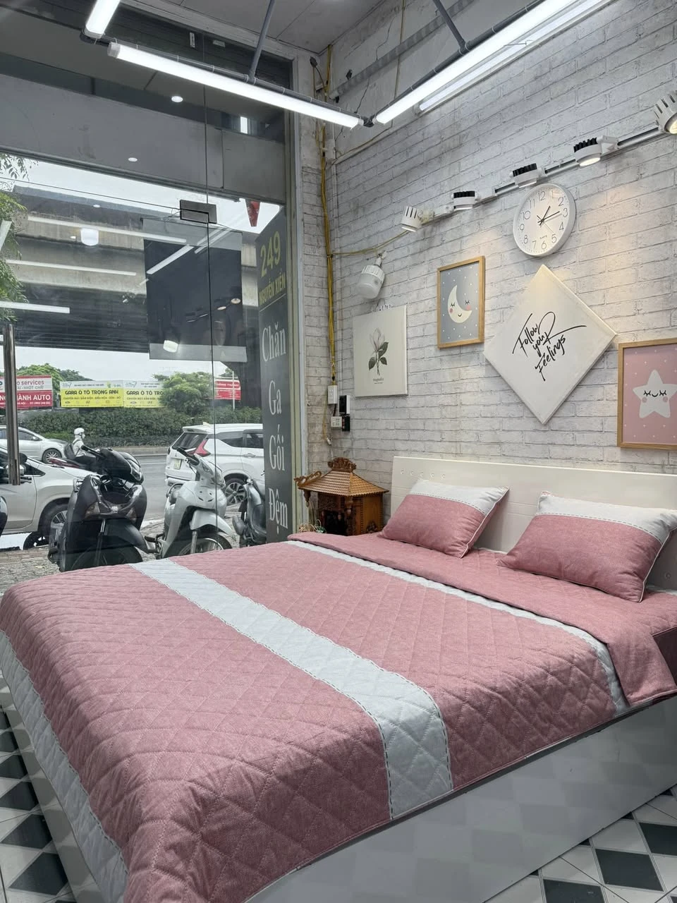 Bộ chăn ga gối cotton Hàn Quốc kẻ hồng vân