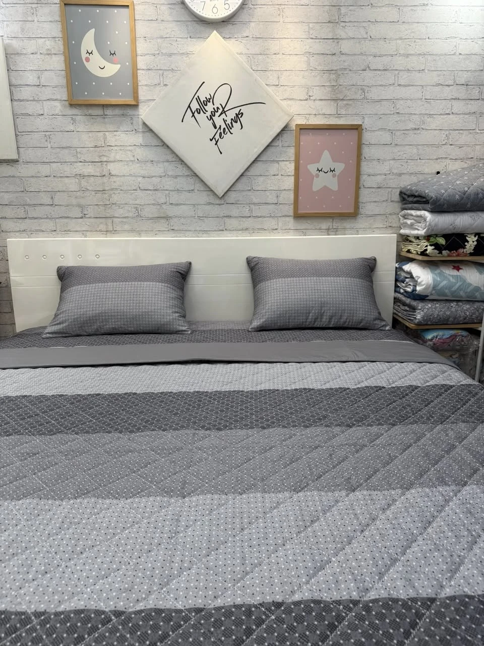 Bộ chăn ga gối cotton Hàn Quốc kẻ vân ghi