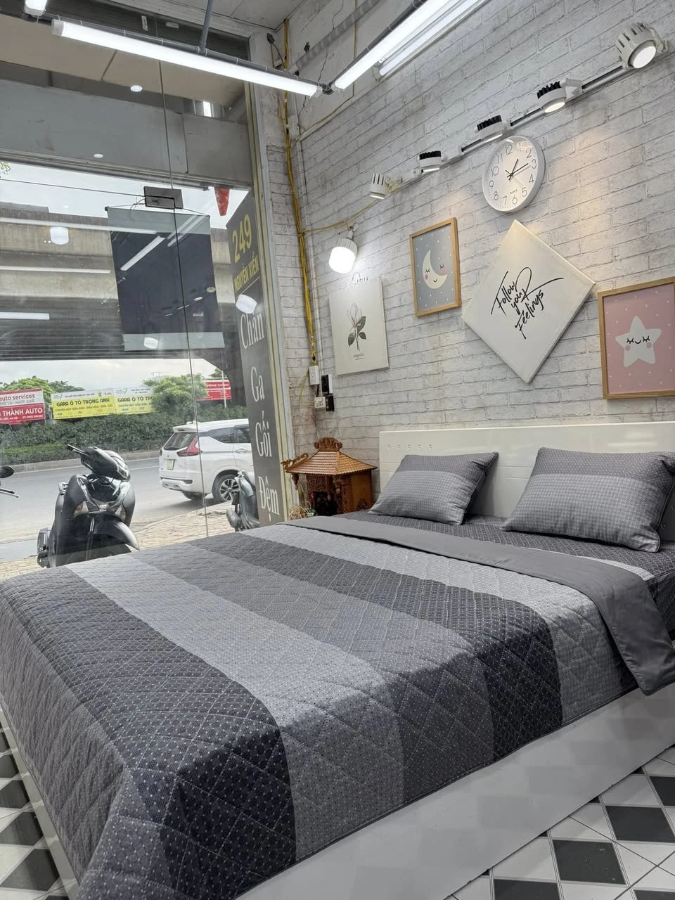 Bộ chăn ga gối cotton Hàn Quốc kẻ vân ghi