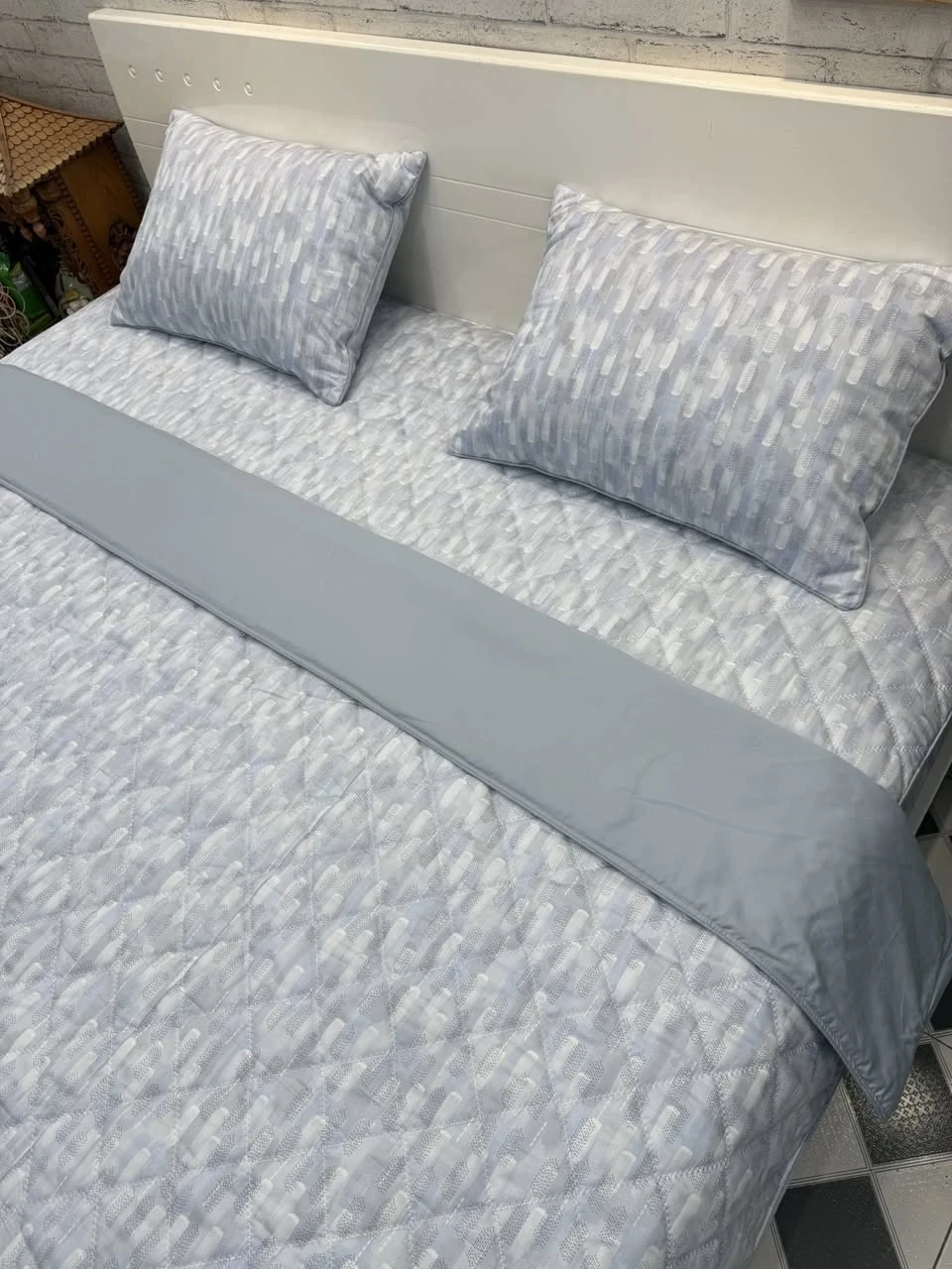 Bộ chăn ga gối cotton Hàn Quốc sọc ghi xanh