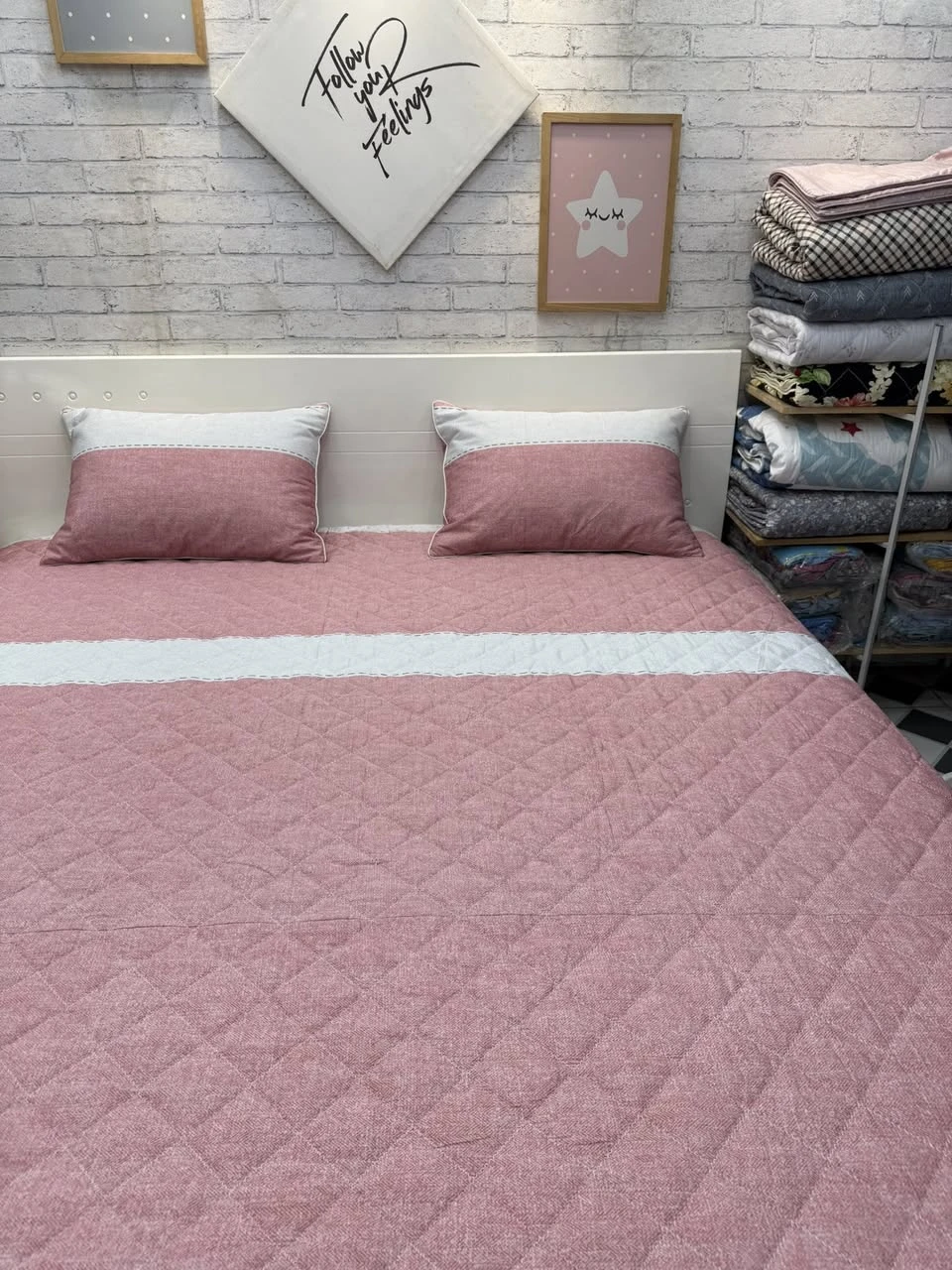 Bộ chăn ga gối cotton Hàn Quốc kẻ hồng vân