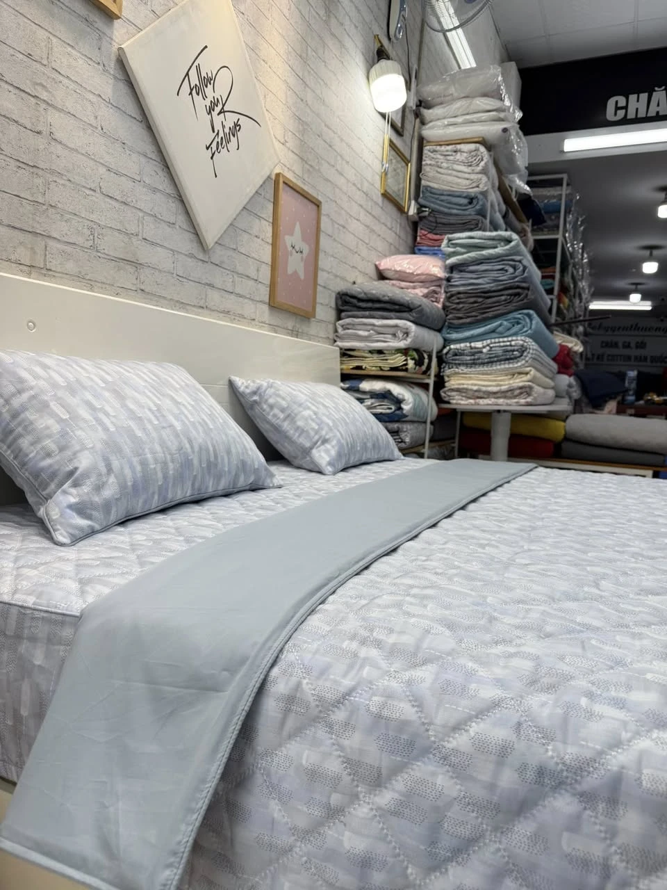 Bộ chăn ga gối cotton Hàn Quốc sọc ghi xanh