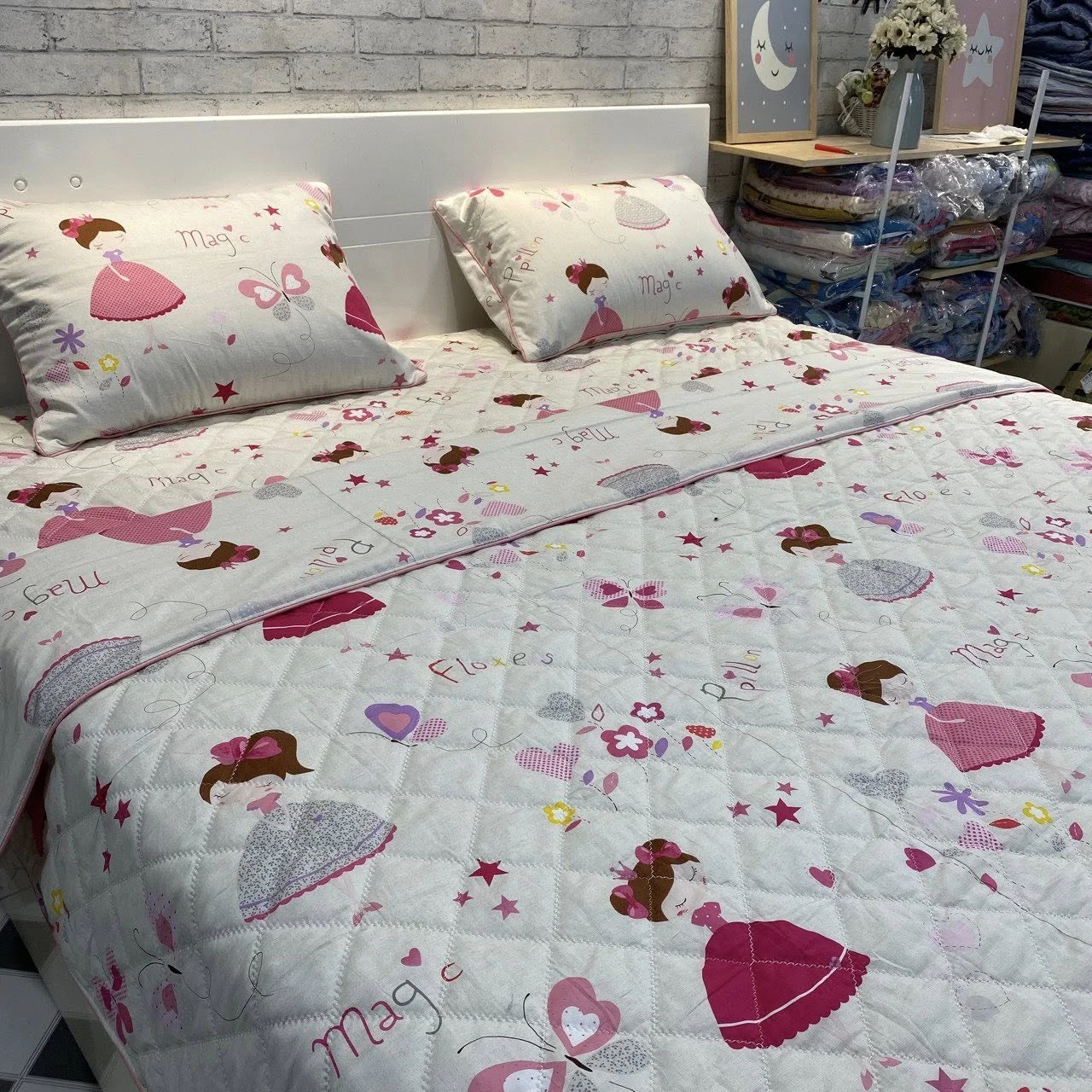 Bộ chăn ga gối cotton Hàn Quốc bale hồng nền kem