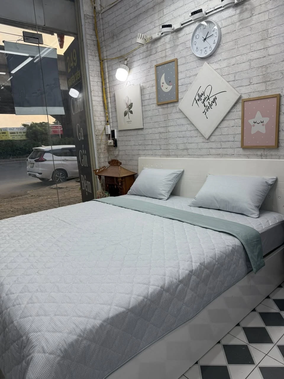 Bộ chăn ga gối cotton Hàn Quốc ô nhỏ phối xanh rêu