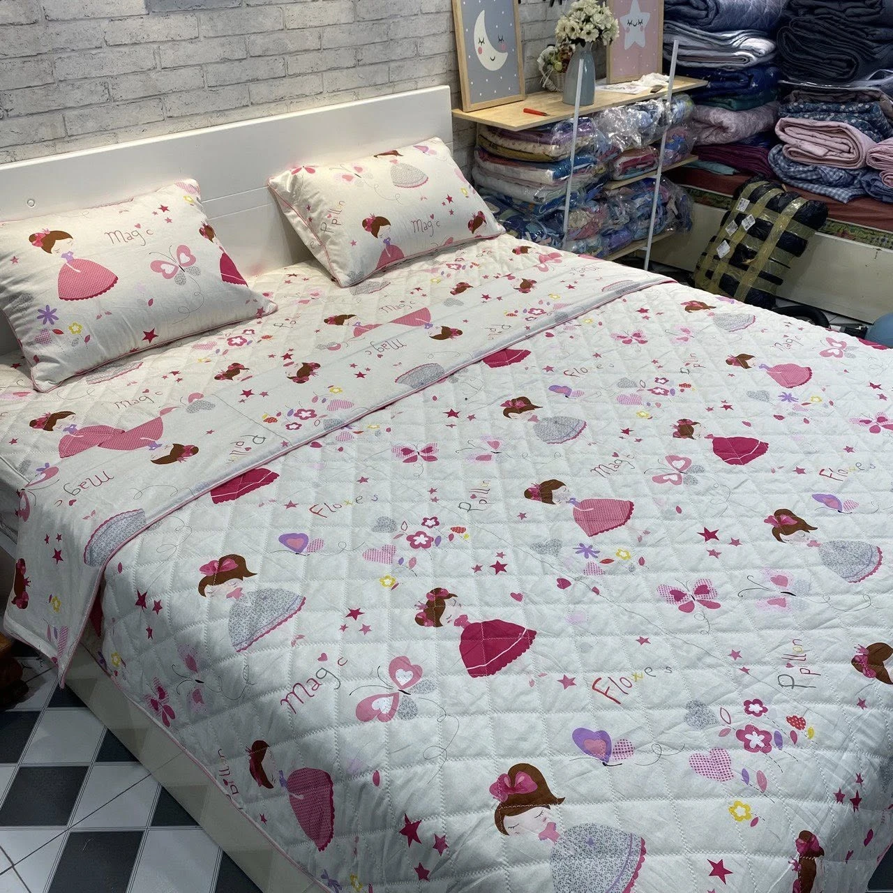 Bộ chăn ga gối cotton Hàn Quốc bale hồng nền kem