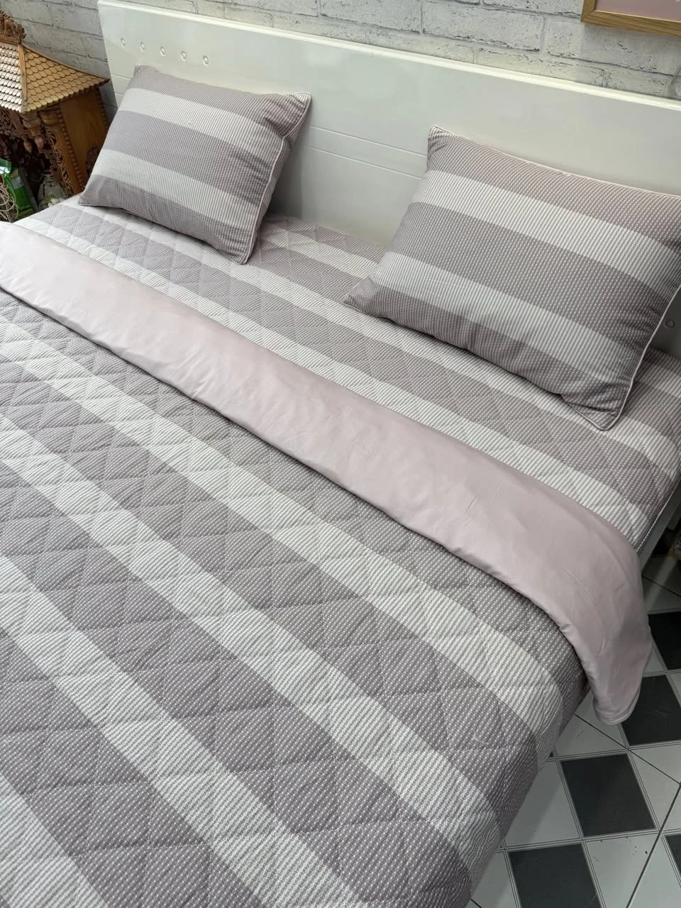 Bộ chăn ga gối cotton Hàn Quốc kẻ hồng phấn