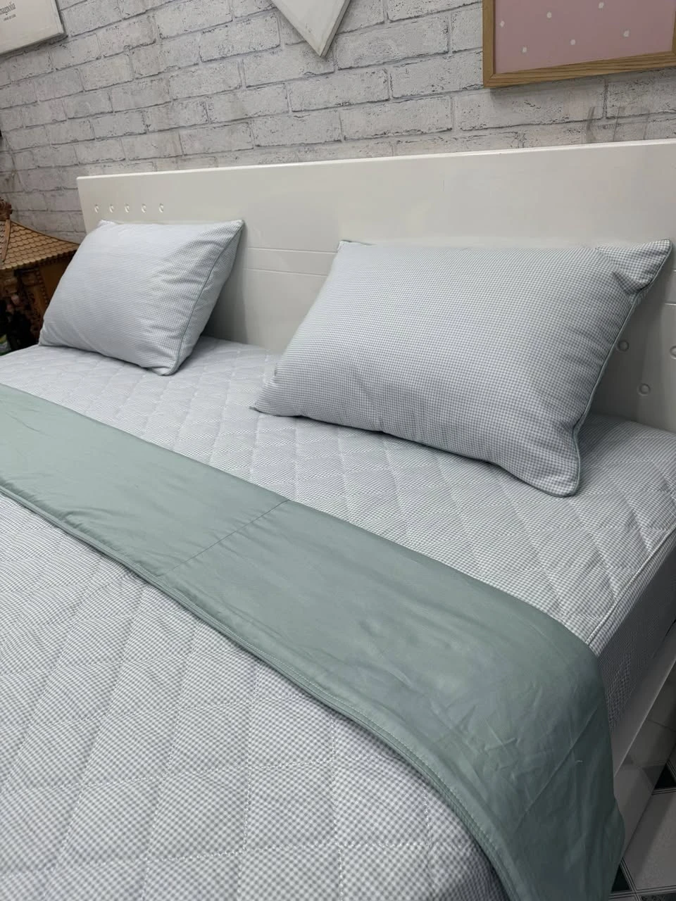 Bộ chăn ga gối cotton Hàn Quốc ô nhỏ phối xanh rêu