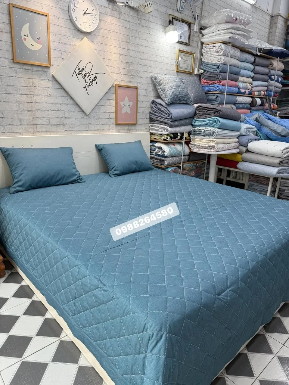 Bộ chăn ga gối phủ Lụa Modal Hàn Quốc Mẫu vân xanh sang chảnh.