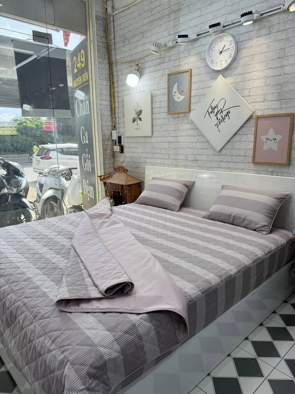 Bộ chăn ga gối cotton Hàn Quốc kẻ hồng phấn