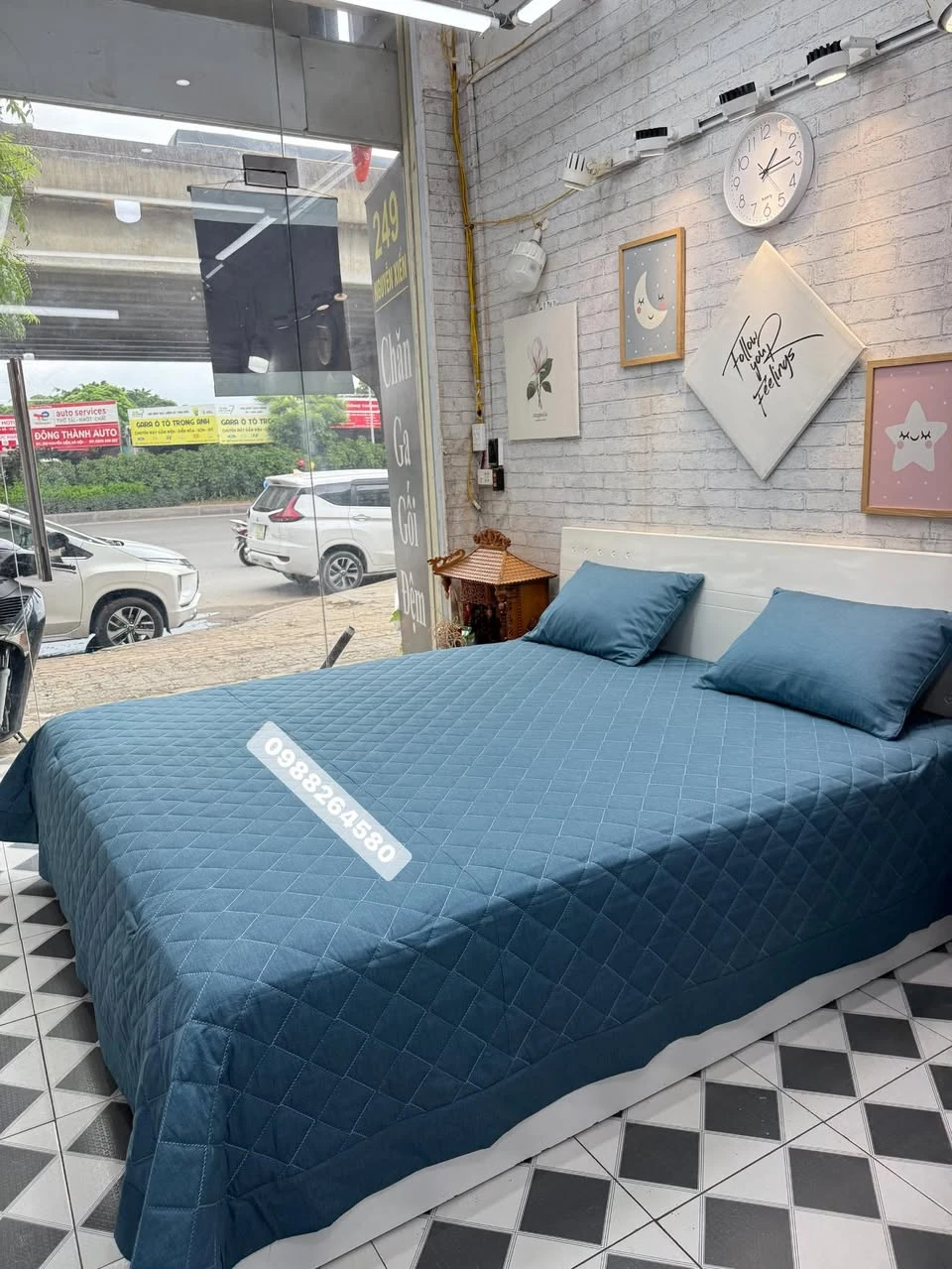 Bộ chăn ga gối phủ Lụa Modal Hàn Quốc Mẫu vân xanh sang chảnh.