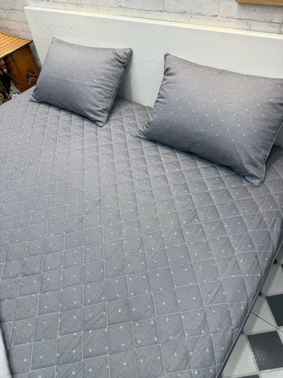 Bộ chăn ga gối cotton Hàn Quốc chấm ghi phối