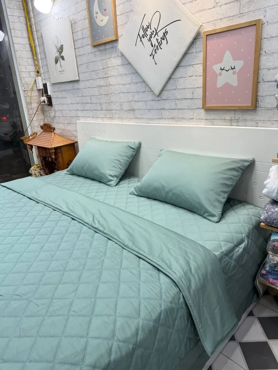 Bộ chăn ga gối phủ Lụa Modal Hàn Quốc xanh rêu 1 mầu