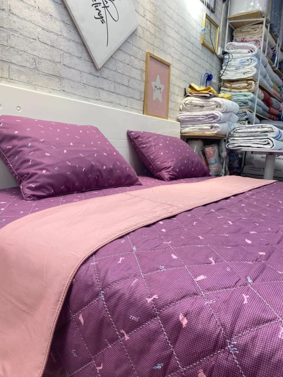 Bộ chăn ga gối cotton Hàn Quốc tím phối vàng cát