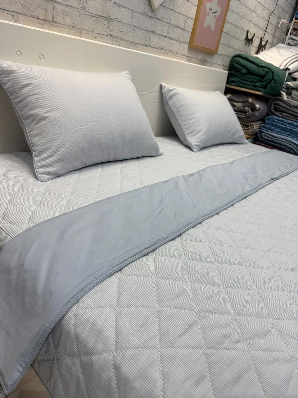 Bộ chăn ga gối Lụa Modal Hàn Quốc kẻ tăm phối xanh đá