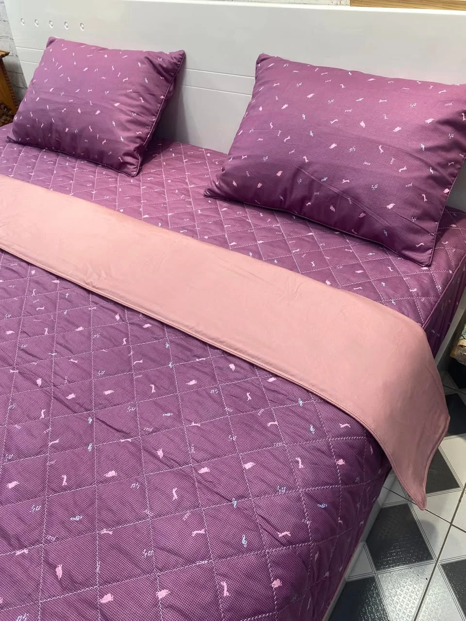 Bộ chăn ga gối cotton Hàn Quốc tím phối vàng cát