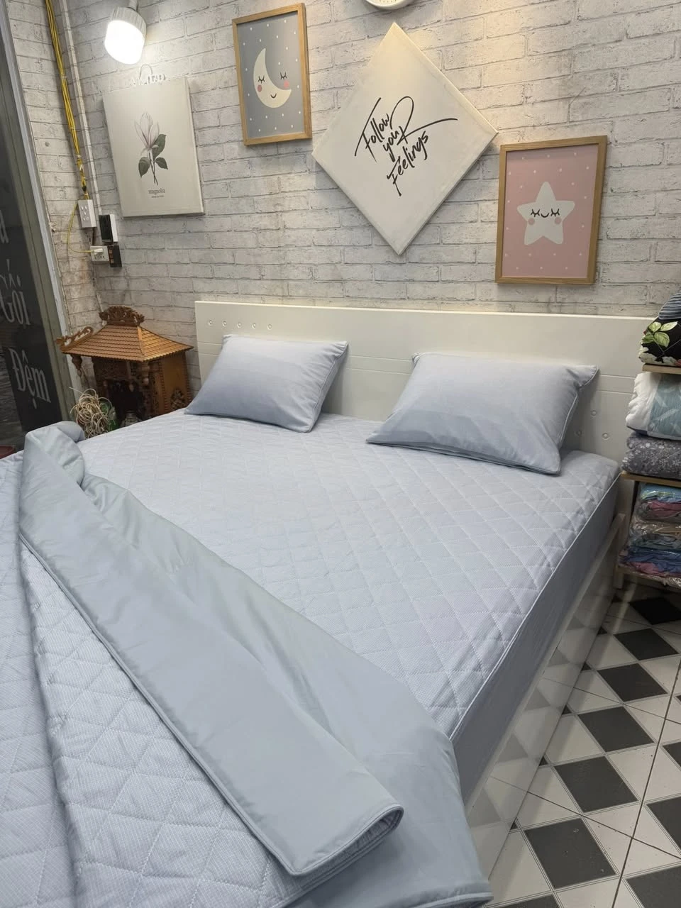 Bộ chăn ga gối Lụa Modal Hàn Quốc vân xước phối xanh nhạt