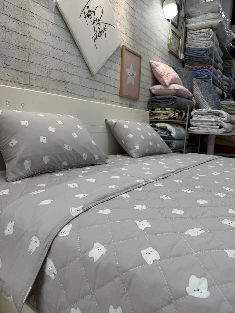 Bộ chăn ga gối Lụa Modal Hàn Quốc baby ghi xinh