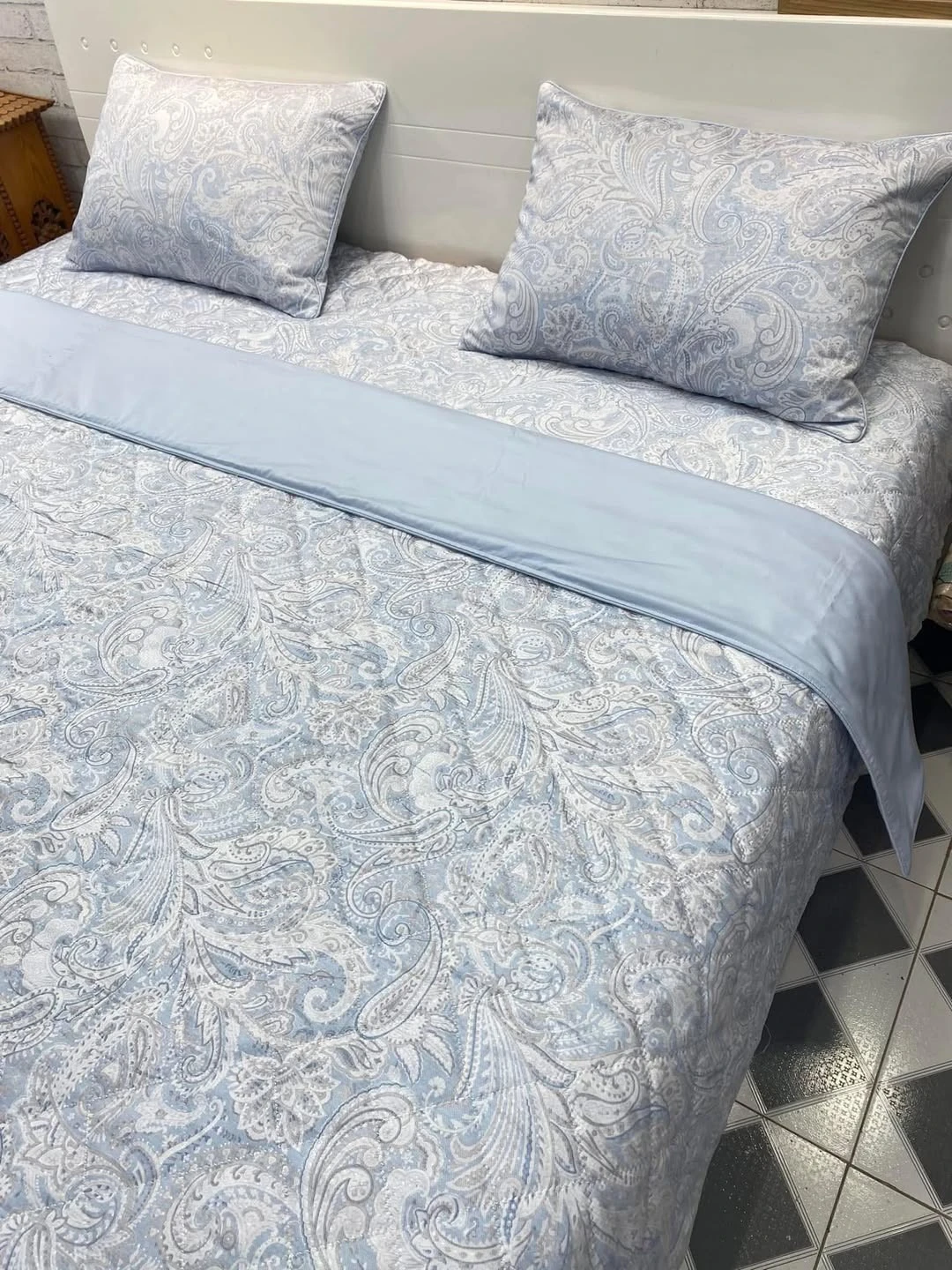 Bộ chăn ga gối cotton Hàn Quốc hoa văn xanh mát