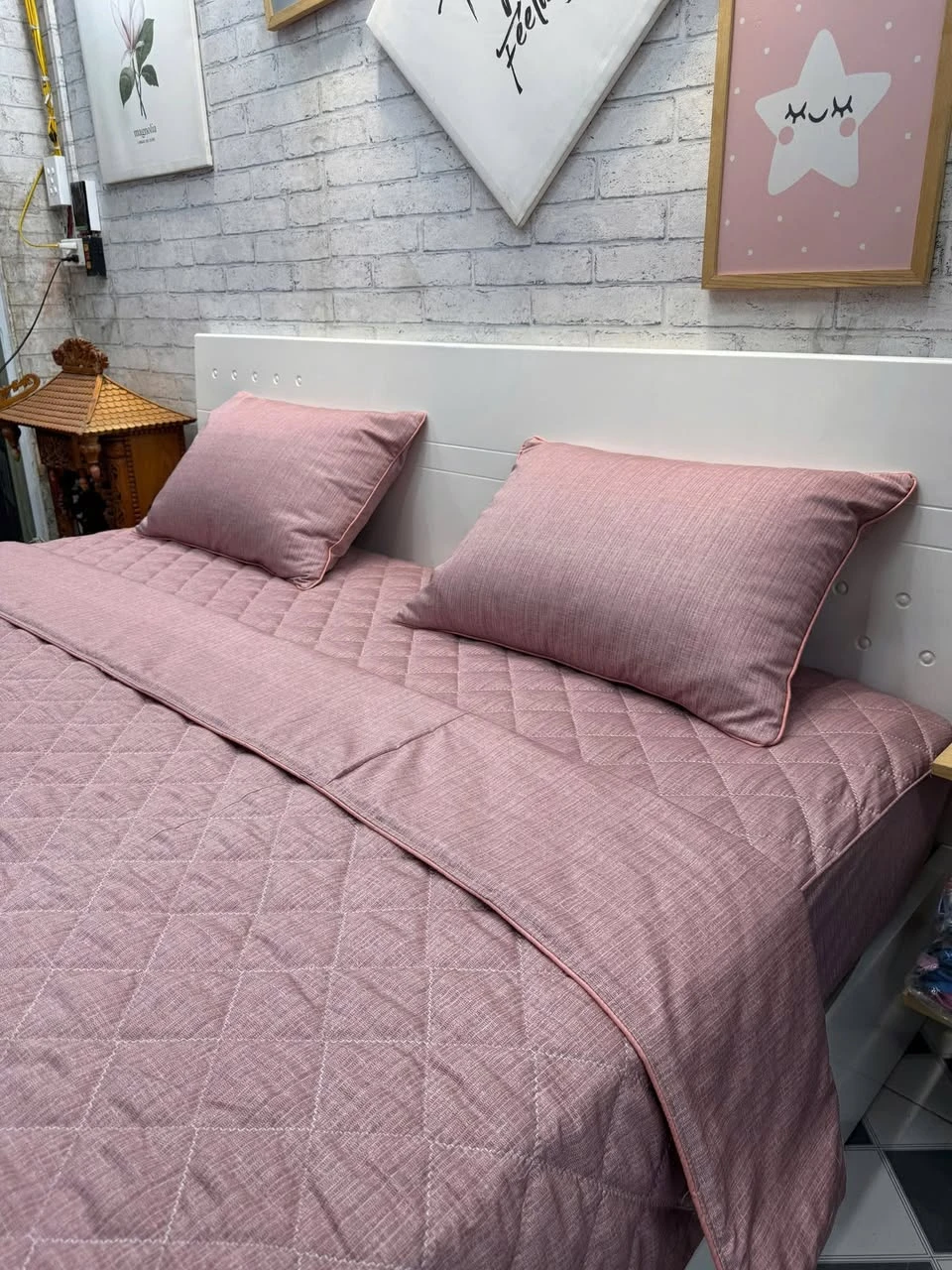 Bộ chăn ga gối Lụa Modal Hàn Quốc xước hồng phấn