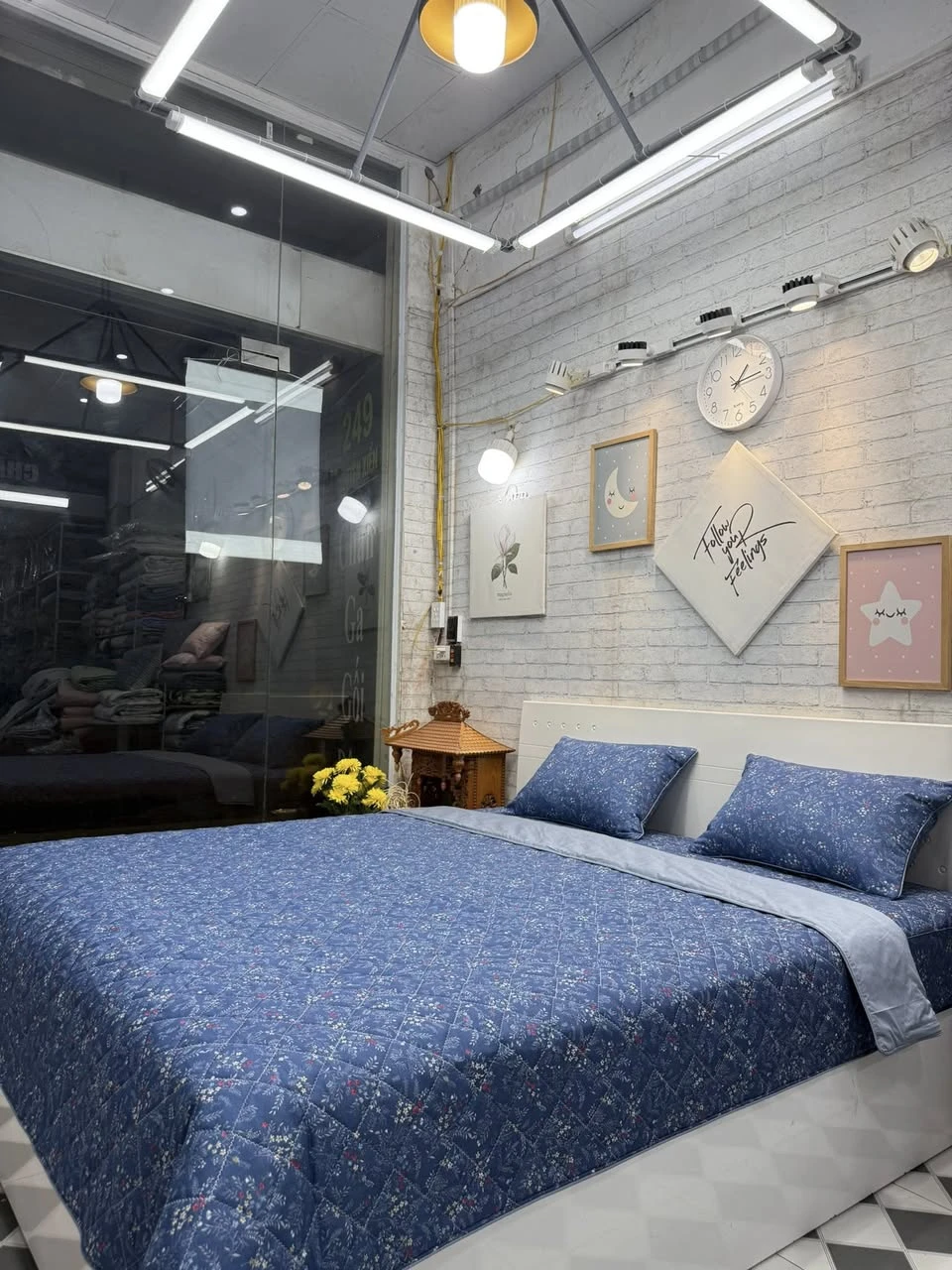 Bộ chăn ga gối Lụa Modal Hàn Quốc hoa xanh biếc