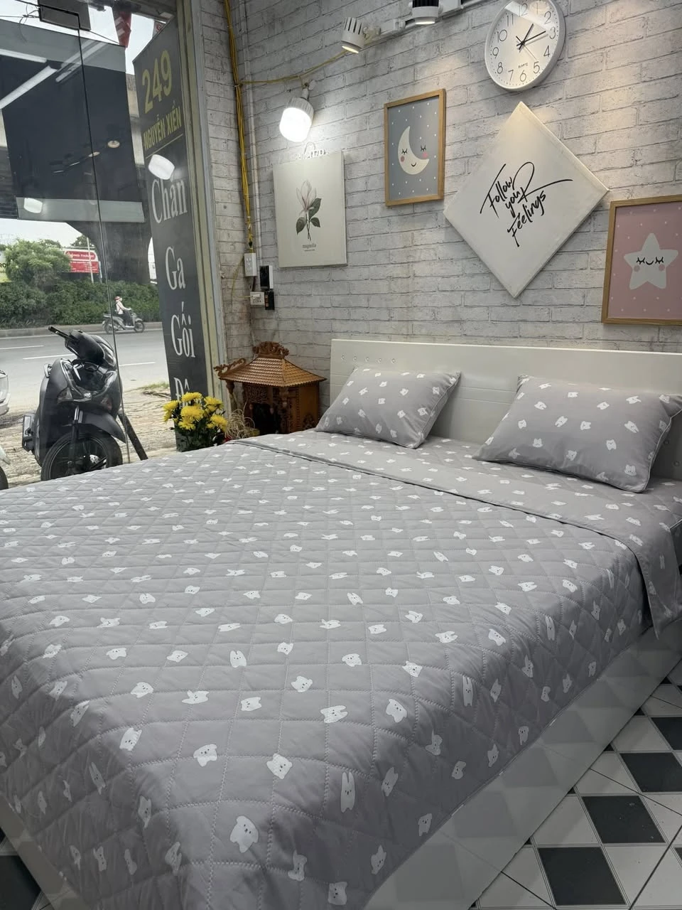 Bộ chăn ga gối Lụa Modal Hàn Quốc baby ghi xinh