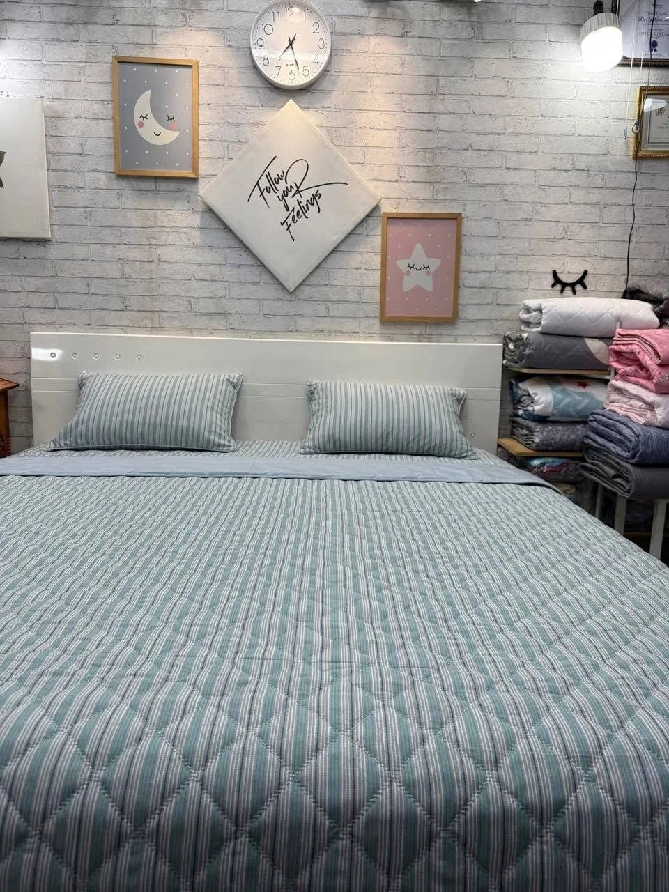 Bộ chăn ga gối Lụa Modal Hàn Quốc kẻ xanh phối xanh đá