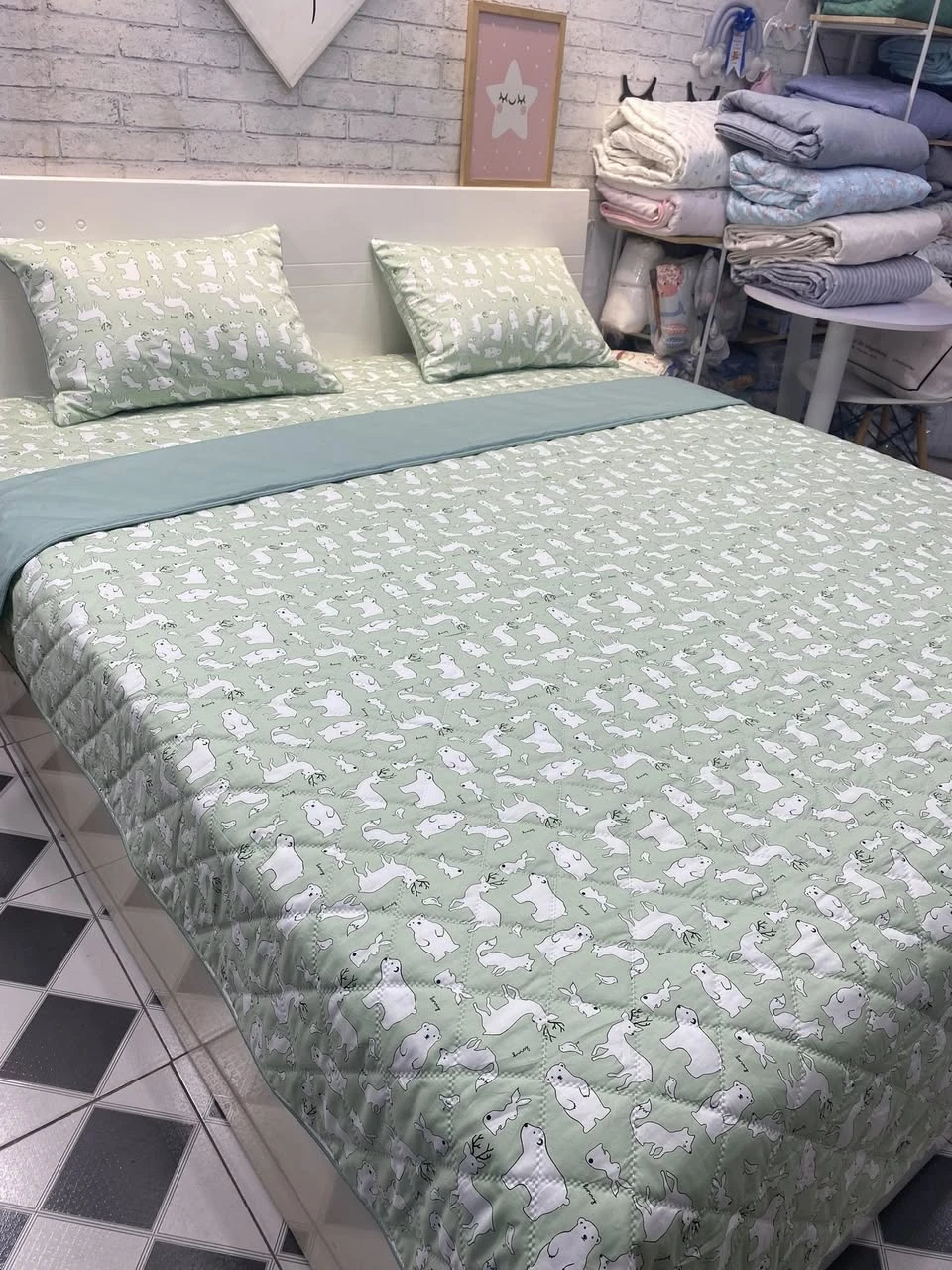 Bộ chăn ga gối cotton Hàn Quốc mẫu gấu phối xanh