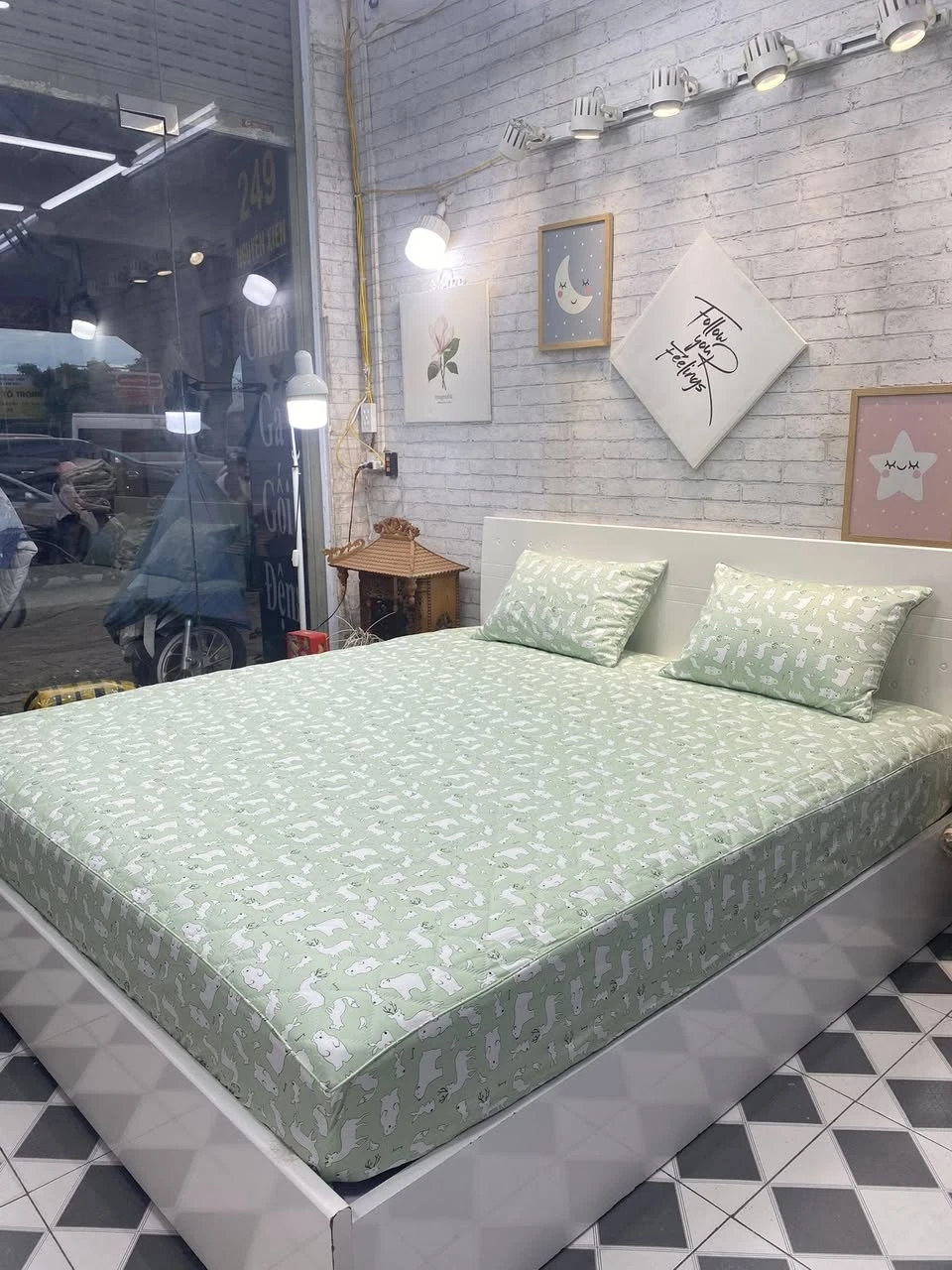 Bộ chăn ga gối cotton Hàn Quốc mẫu gấu phối xanh